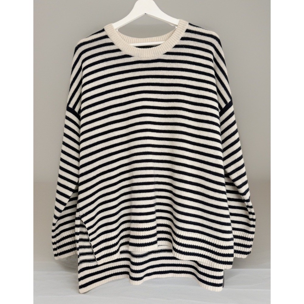 Jenni Kayne 100% Cashmere Boyfriend Sweater L Navy Ivory Striped Coastal Luxury